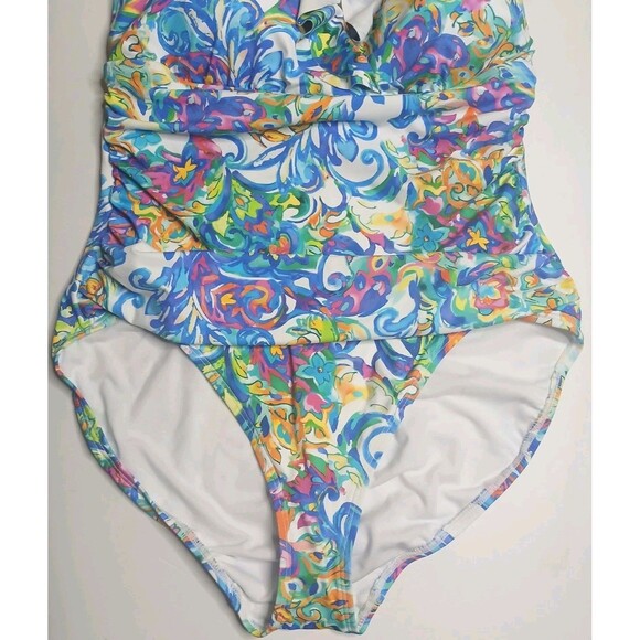 LAUREN Ralph Lauren Swimsuit Sz 14 Ruffle V-neck One Piece Multi Print $160 NWT - Picture 5 of 16
